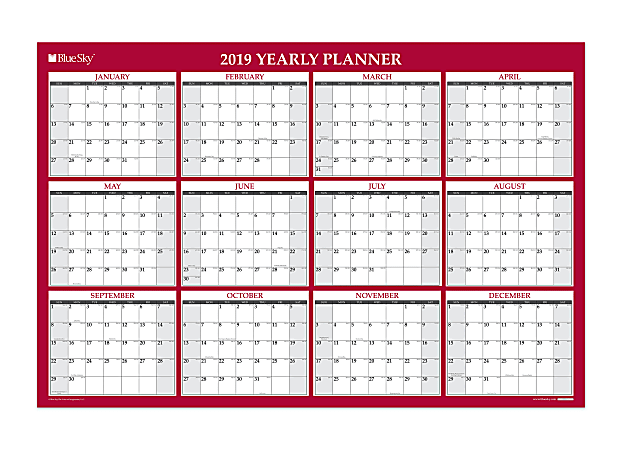 Blue Sky™ Yearly Dry-Erase Wall Calendar, 48" x 32", Red, January to December 2019