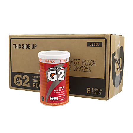 Gatorade G2 Fruit Punch Low-Calorie Powder Packs, Canister Of 8 Packs, Case Of 8 Canisters. Just mix into water and enjoy as an easy way to replenish electrolytes.