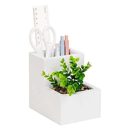 Mind Reader Ceramic Desktop Planter Pencil Cup, 4-3/4"H x 5"W x 3-3/4"D, White, Total Quantity 1