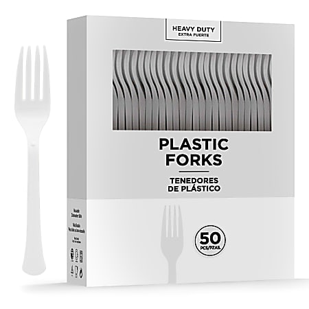 Amscan 8017 Solid Heavyweight Plastic Forks, Frosty White, 50 Forks Per Pack, Case Of 3 Packs
