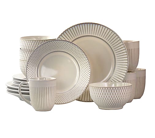 Elama 16-Piece Stoneware Dinnerware Set, Embossed White