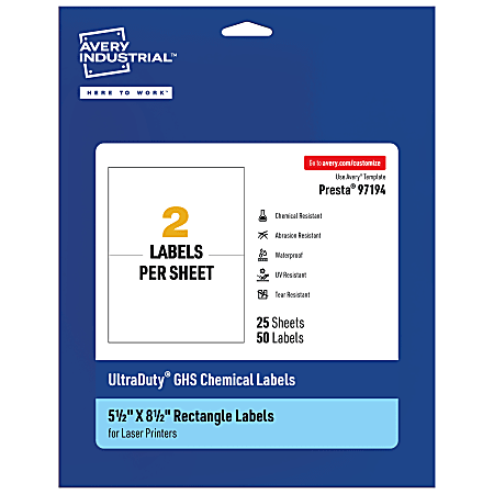 Avery® Ultra Duty® Permanent GHS Chemical Labels, 97194-WMU25, Rectangle, 5-1/2" x 8-1/2", White, Pack Of 50