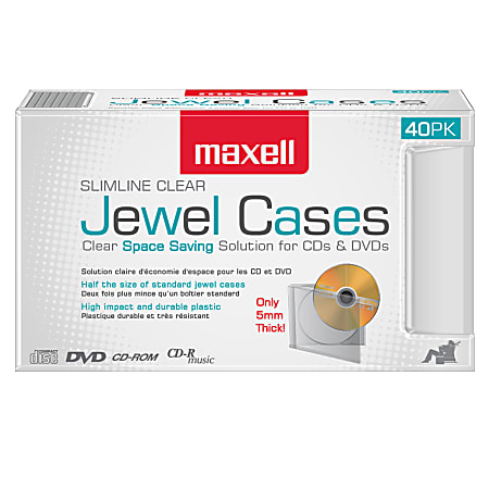 Maxell CD-365 Slimline Jewel Cases, Clear, Pack Of 40