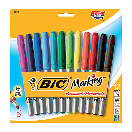 BIC® Mark-it® Gripster Permanent Markers, Fine Point, Assorted Ink Colors, Pack Of 12