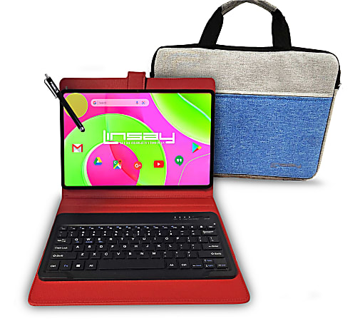 Linsay® Octa Core Wi-Fi Tablet, 12”, 8GB Memory, 256GB Storage, Android 14, With Red Keyboard Case And Tablet Briefcase