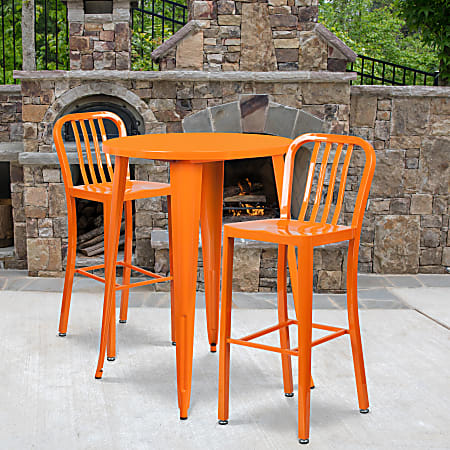 Flash Furniture Commercial-Grade Round Metal Indoor-Outdoor Bar Table Set With 2 Vertical Slat-Back Stools, 41"H x 30"W x 30"D, Orange