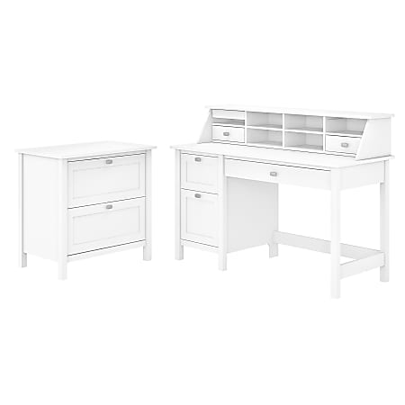Bush Furniture Broadview 54"W Computer Desk With Drawers, Desktop Organizer And Lateral File Cabinet, Pure White, Standard Delivery