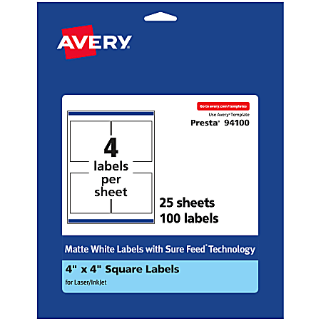 Avery® Permanent Labels With Sure Feed®, 94100-WMP25, Square, 4" x 4", White, Pack Of 100