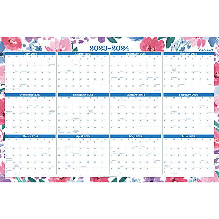 2023-2024 AT-A-GLANCE® BADGE Erasable Reversible Academic/Regular Year Wall Calendar, 24" x 36", Floral, January to December 2024/July 2023 to June 2024, 1664F-550SB