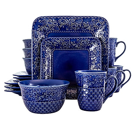 Elama 16-Piece Stoneware Dinnerware Set, Indigo Lotus