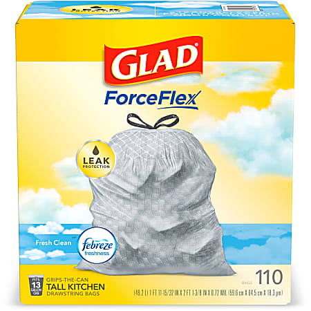 Glad® ForceFlex Tall Kitchen Drawstring Trash Bags – 13 Gallon Trash Bag, Fresh Clean scent with Febreze Freshness – 110 Count