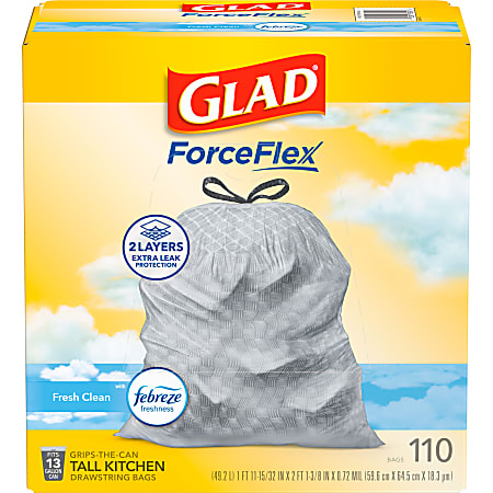 Glad ForceFlex Tall Kitchen Drawstring Trash Bags 13 Gallon Trash Bag Fresh  Clean scent with Febreze Freshness 110 Count - Office Depot