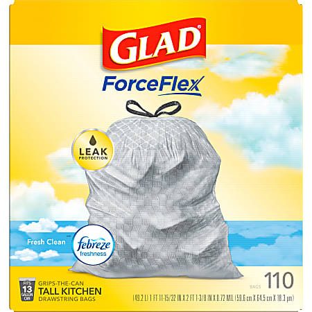 Glad ForceFlex Tall Kitchen Drawstring Trash Bags 13 Gallon White Trash Bag  Gain Original scent with Febreze Freshness 110 Count - Office Depot