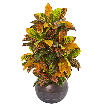 Nearly Natural Croton 37”H Artificial Plant With Metal Bowl, 37”H x 23”W x 21”D, Orange/Gray