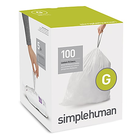 simplehuman Custom-Fit 0.03-mil Trash Can Liners, Code G, 8 Gallons, White, Pack Of 100 Liners