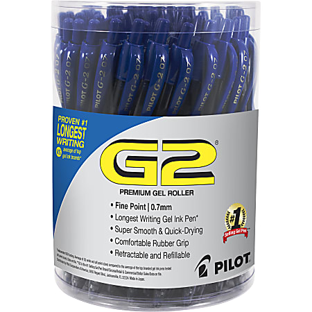 Pilot G2 Retractable Gel Pen, Fine Point, 0.7mm, Clear Barrels, Blue Ink, Tub Of 36 Pens