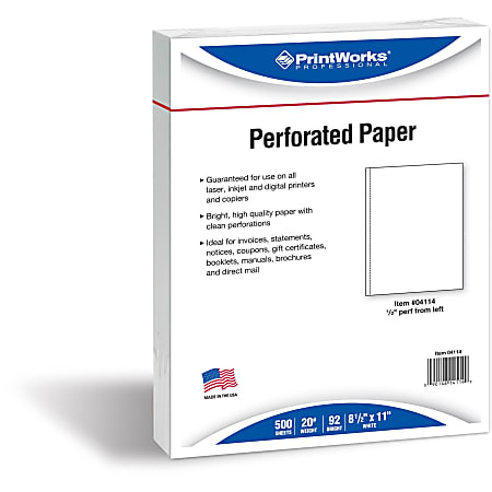 PrintWorks Professional Perforated Paper, Letter Size (8 1/2" x 11"), 95 (U.S.) Brightness, 20 Lb, Ream Of 500 Sheets