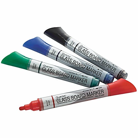 Quartet® Premium Glass Board Dry-Erase Markers, Bullet Tip, Assorted Colors, 4 Pack - Bullet Marker Point Style - Black, Blue, Red, Green - 4 / Pack
