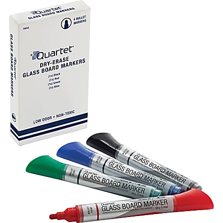 Quartet® Premium Glass Board Dry-Erase Markers, Bullet Tip, Assorted Colors, 4 Pack - Bullet Marker Point Style - Black, Blue, Red, Green - 4 / Pack