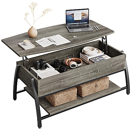 Bestier Lift Top Rectangular Coffee Table With Hidden Compartment And Open Storage Shelf, 18”H x 41-3/4”W x 19-11/16”D, Retro Gray