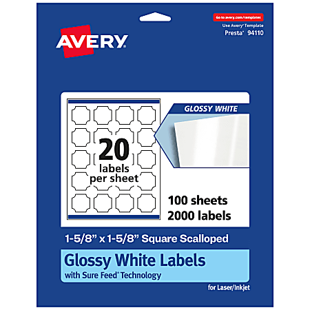 Avery® Glossy Permanent Labels With Sure Feed®, 94110-WGP100, Square Scalloped, 1-5/8" x 1-5/8", White, Pack Of 2,000