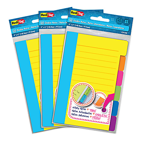 Redi-Tag Assorted Tab Sticky Notes, 4" x 6", Assorted, Pack of 3