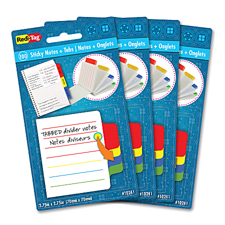 Redi-Tag Tabbed Divider Notes - 4" x 4" - Square - Ruled - Multicolor - Tab, Self-stick - 4 / Box