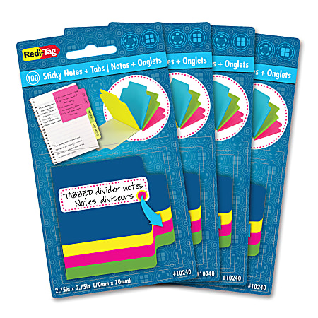 Redi-Tag Tabbed Divider Notes - 4" x 4" - Square - Unruled - Assorted - Tab, Self-stick - 4 / Box