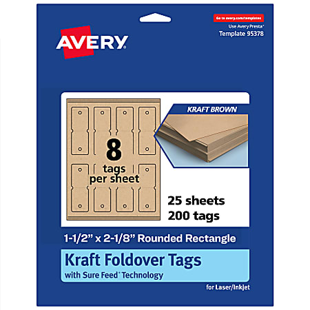 Avery® Print-To-The-Edge Foldover Tags With Sure Feed® Technology, 1-1/2"x2-1/8" Rectangle Rounded, Kraft Brown, Pack Of 200