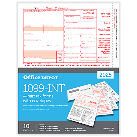 Office Depot® 1099-INT Laser Tax Forms With Envelopes, 4-Part, 2-Up, 8-1/2" x 11", Pack Of 10 Form Sets