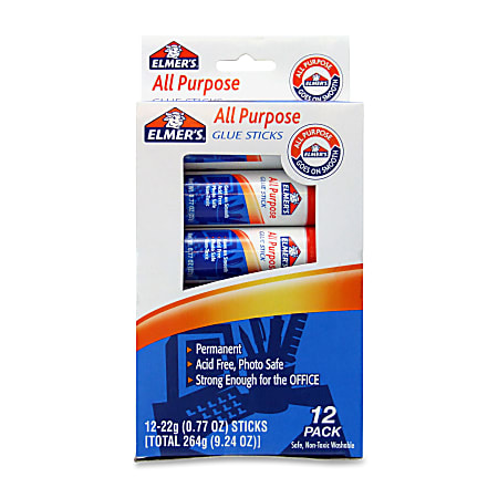 Elmer's All-Purpose Washable Glue Sticks - 0.77 oz - Non-toxic, Washable, Permanent - 12 / Pack - White
