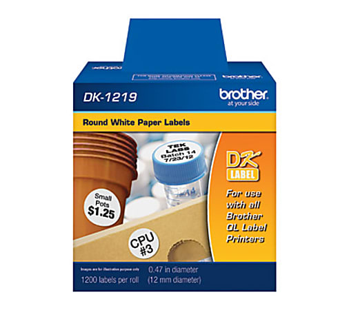 Brother DK1219 - White Small Round Paper Labels - 0.50" Length - 1200 / Roll - Direct Thermal - White - 1 Roll