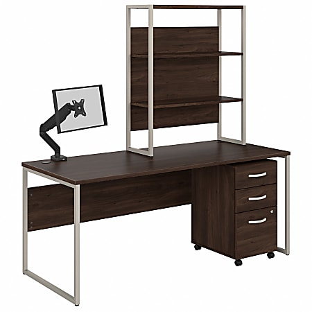 Bush® Business Furniture Hybrid 72"W Computer Desk With Hutch, Mobile File Cabinet And Monitor Arm, Black Walnut, Premium Installation