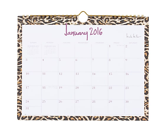 Nicole Miller Wire-O Monthly Wall Calendar, 11" x 8 3/4", 50% Recycled, White, Leopard, January-December 2016
