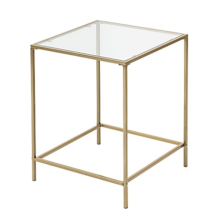 Eurostyle Arvi Square Side Table, 22”H x 18”W x 18”D, Brass/Clear