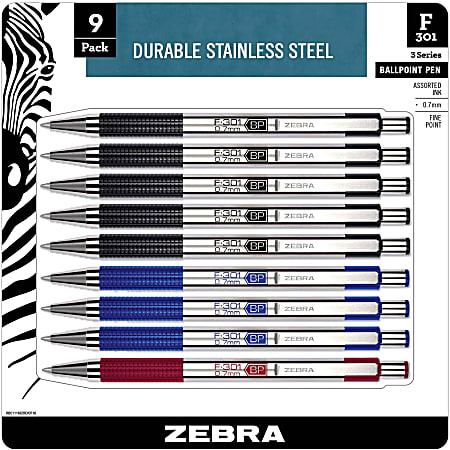 Zebra Pen F-301 Stainless Steel Ballpoint Pens - Fine Pen Point - Refillable - Retractable - Black - Stainless Steel Barrel - 9 / Pack