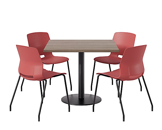 KFI Studios Proof Cafe Pedestal Table With Imme Chairs, Square, 29”H x 36”W x 36”W, Studio Teak Top/Black Base/Coral Chairs