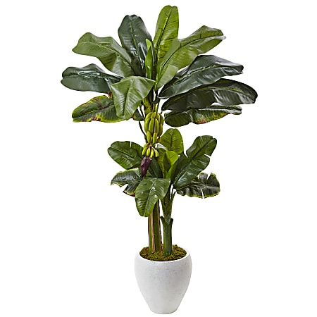 Nearly Natural 5'H Polyester Double-Stalk Banana Tree With Clay Planter, Green/White