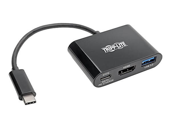 Tripp Lite USB C to HDMI Adapter w/USB-A Hub and PD Charging - USB 3.1, Thunderbolt 3 Compatible, 4K x 2K @ 30 Hz, Black USB Type C, USB-C - Docking station - USB-C 3.1 / Thunderbolt 3 - HDMI