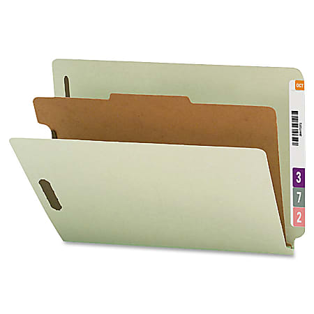 Smead® Pressboard Classification Folders With SafeSHIELD® Fasteners, End-Tab, 1 Divider, Letter Size, Gray/Green, Pack Of 10