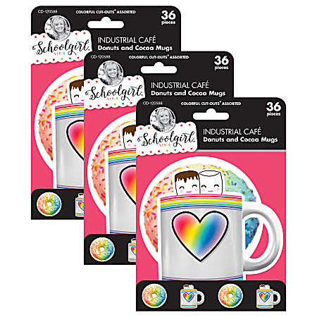 Carson Dellosa Education Cut-Outs, Schoolgirl Style Industrial Cafe Donuts And Cocoa Mugs, 36 Cut-Outs Per Pack, Set Of 3 Packs