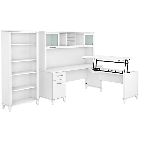 Bush Furniture Somerset 72"W 3-Position Sit-To-Stand L-Shaped Desk With Hutch And Bookcase, White, Standard Delivery