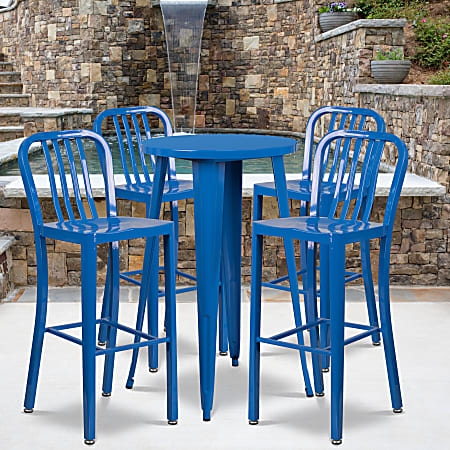 Flash Furniture Commercial-Grade Round Metal Indoor-Outdoor Bar Table Set With 4 Vertical Slat-Back Stools, 41"H x 24"W x 24"D, Blue