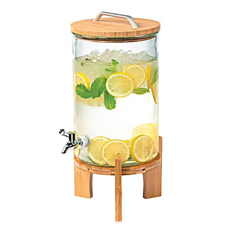 Beverage Dispenser With Bamboo Stand, 250 Oz, Clear