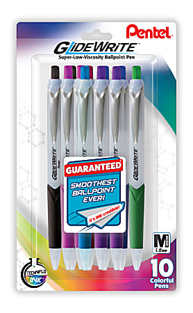Pentel® GlideWrite Ballpoint Pens, Medium Point, 1.0 mm, White Barrel, Assorted Ink Colors, Pack Of 10 Pens