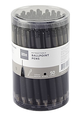 Office Depot® Brand Retractable Ballpoint Pens With Grips, Medium Point, 1.0 mm, Black Barrels, Black Ink, Pack Of 50 Pens