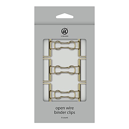 U Brands&reg; Open Wire Binder Clips, 2" Wide, 1" Capacity, Gold, Box Of 6 Clips
