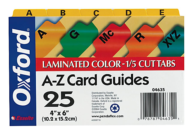 Oxford® Manila Card Guides With Laminate Tabs, Alphabetical "A-Z", 4" x 6", Manila; Assorted Color Tabs