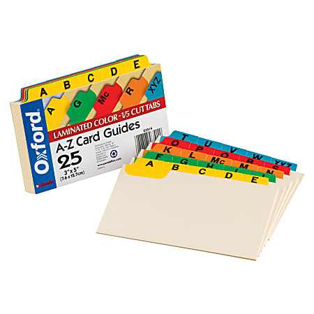 Oxford® Manila Card Guides With Laminate Tabs, Alphabetical "A-Z", 3" x 5", Manila; Assorted Color Tabs