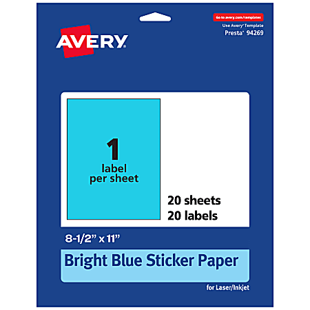 Avery® Printable Sticker Paper, 94269-BBP20, Rectangle, 8-1/2" x 11", Matte Bright Blue, Pack of 20